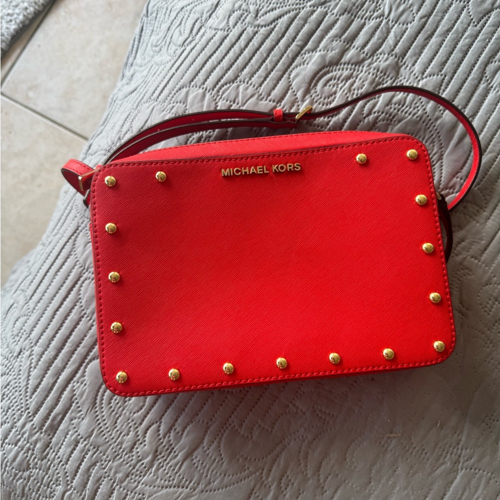 Michael Kors Saffiano leather Red Crossbody Bag with Gold Studs, FIRM PRICE!
